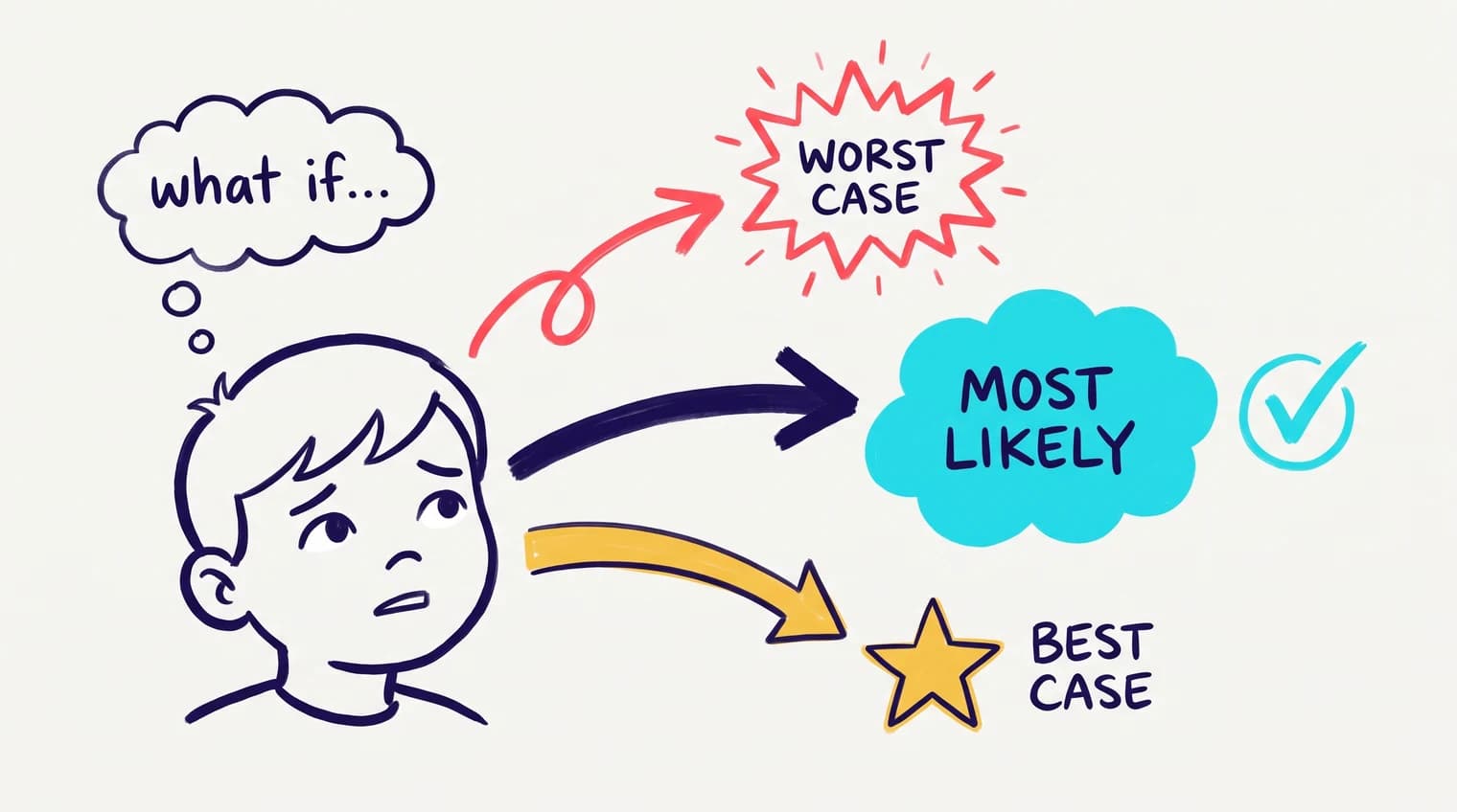 A worried child thinking “what if...”, with three arrows branching out: a red jagged burst labelled “worst case”, a yellow star labelled “best case”, and a larger cyan cloud labelled “most likely” marked with a checkmark.