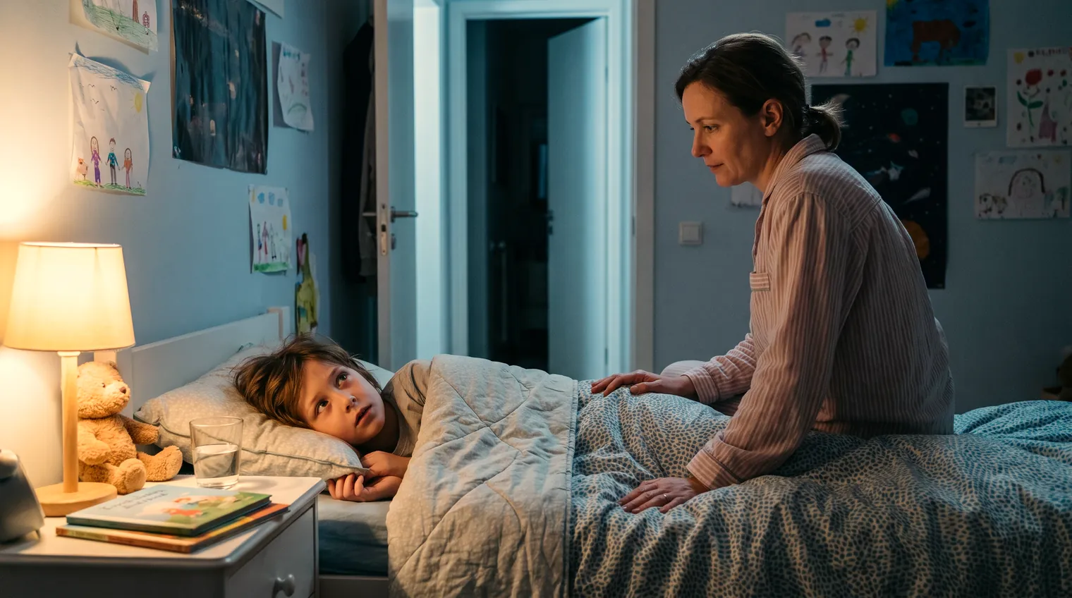 A parent sitting on the edge of a bed at night beside a child who is awake and looking up, worried.