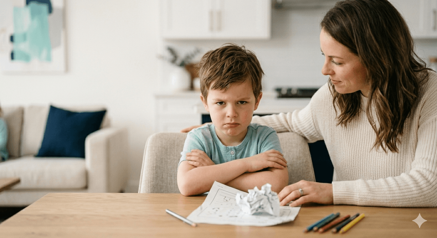 A frustrated young child at the kitchen table with a parent close by