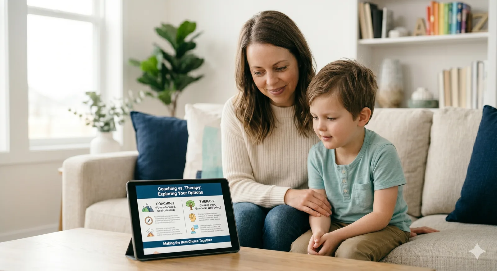 A parent and child weighing coaching versus therapy options together on a tablet at home