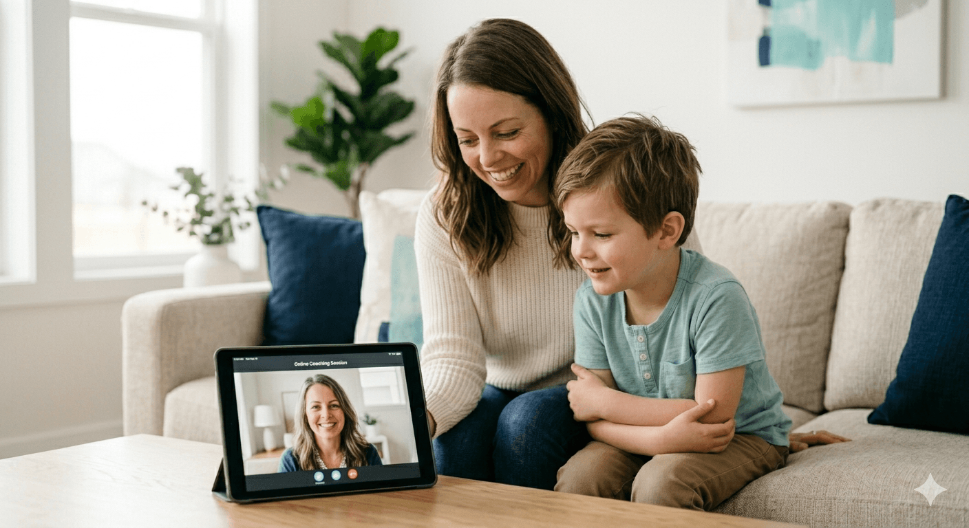 A child and parent joining an online tapouts coaching session on a tablet at home