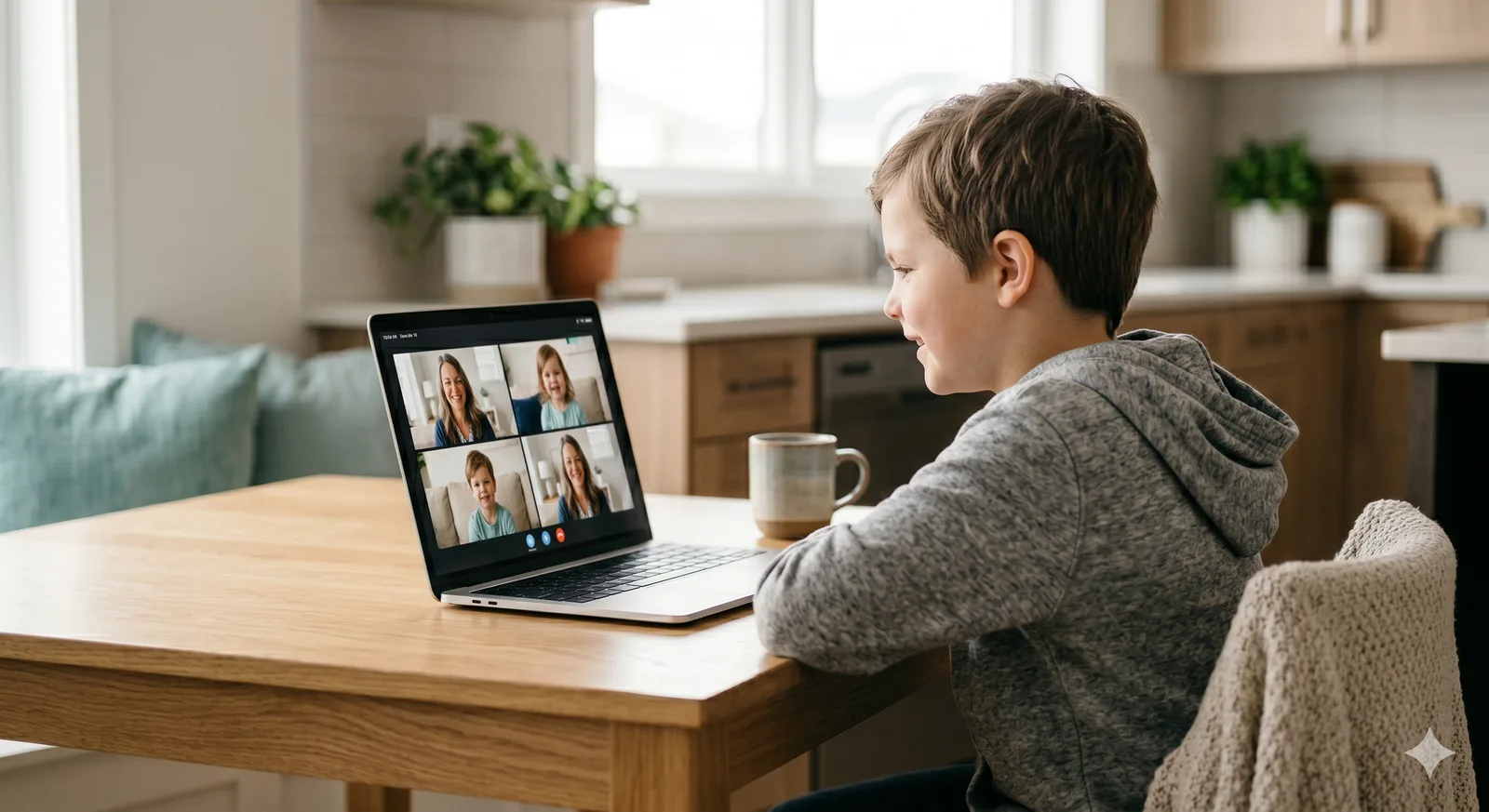 A child joining an online group coaching session on a laptop at home