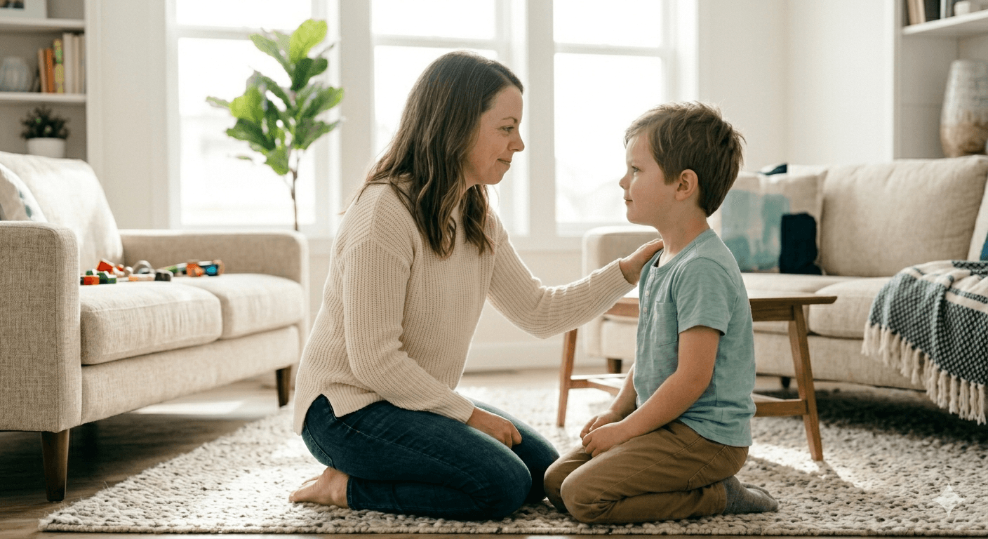 A parent kneeling to talk calmly with their child at home