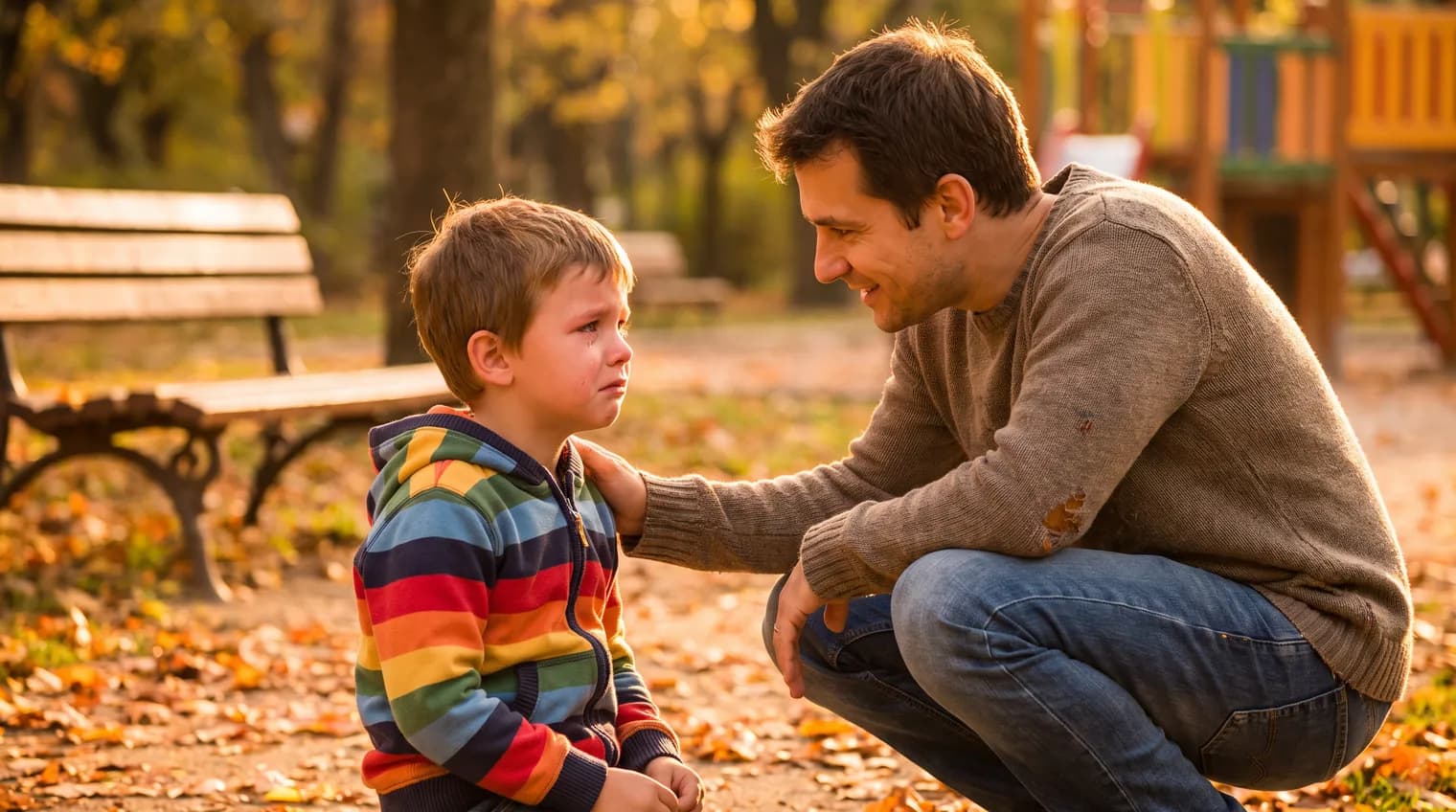 A parent crouched down to eye level with a tearful young child in a park, one hand resting on the child's shoulder.