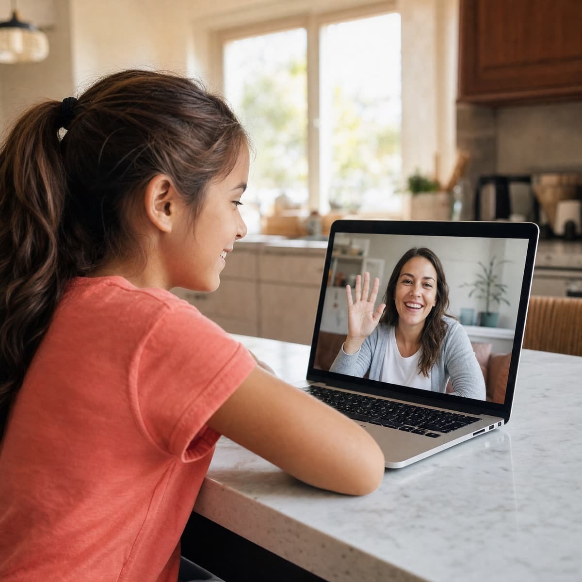 A child at the kitchen table smiling at a tapouts coach on a laptop video call